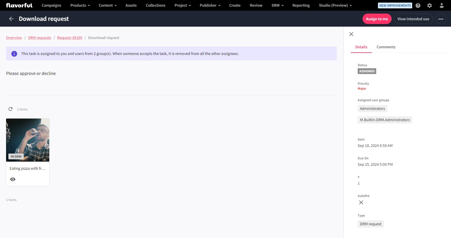 A screenshot showing the DRM request task in Content Hub MRM